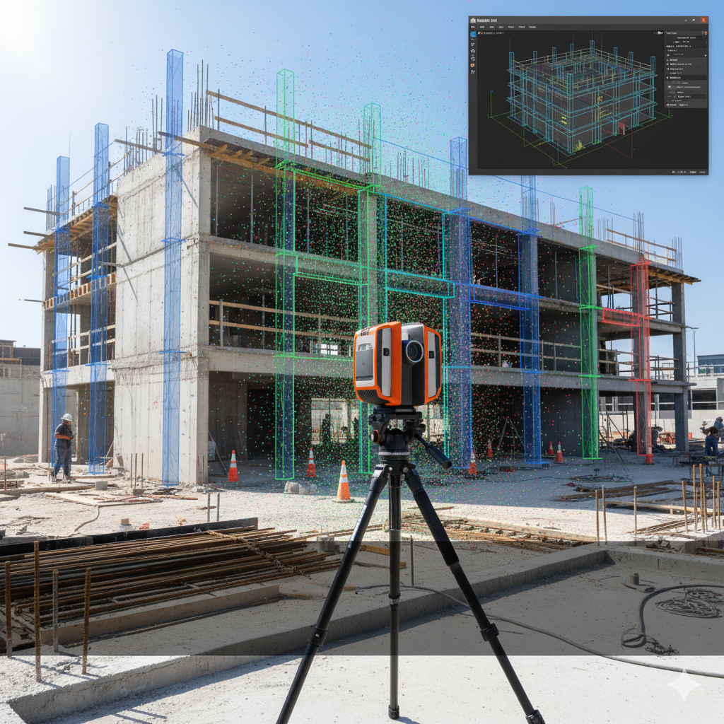 3D laser scanner capturing reality data on an architectural site for as-built BIM models