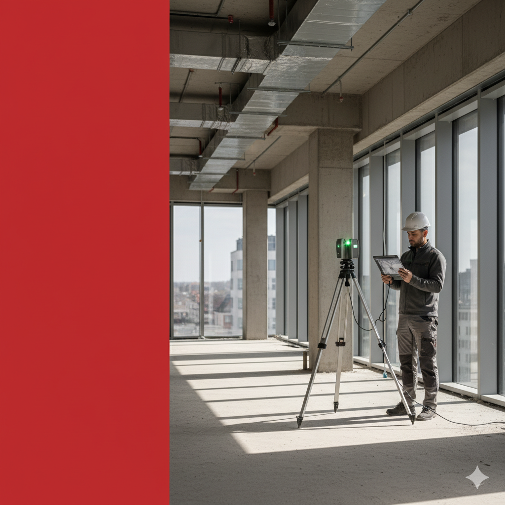 Surveyor using 3D laser scanner to capture as-built measurements inside an existing building